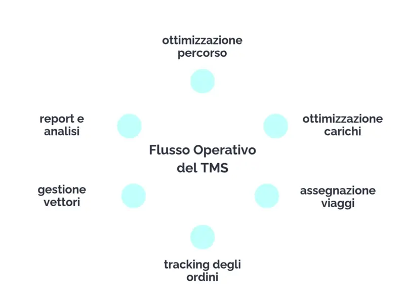 infografica rappresentativa del flusso di un TMS, software che gestisce 1 ottimizzazione del percorso e dei carichi; 2 assegnazione viaggi; 3 tracking degli ordini online; 4 gestione dei vettori; 5 report e analisi KPI