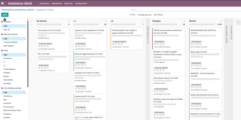 schermata di visualizzazione del cliente dei ticket aperti, in lavorazione e chiusi