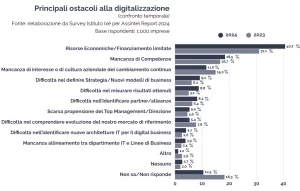 Grafico che illustra le percentuali di risposta per ogni aspetto percepito come ostacolo alla digitalizzazione aziendale - Sondaggio di Assintel 2024
