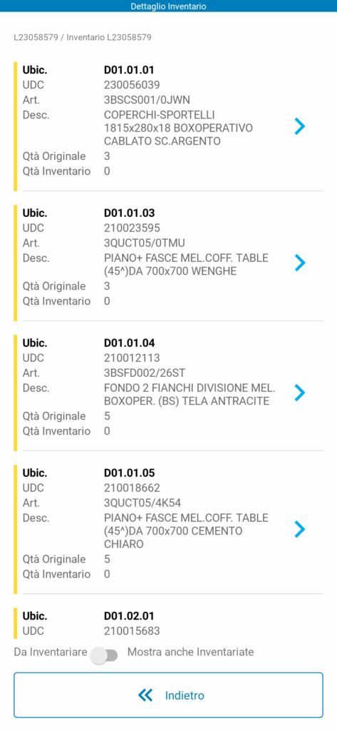 fare l'inventario di magazzino: screen del terminale con dettagli inventario