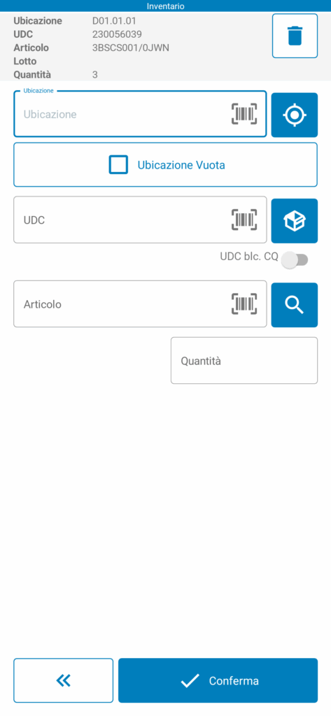 inventario merci di magazzini: schermata del terminale