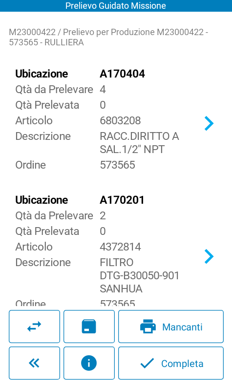schermata di prelievo del WMS