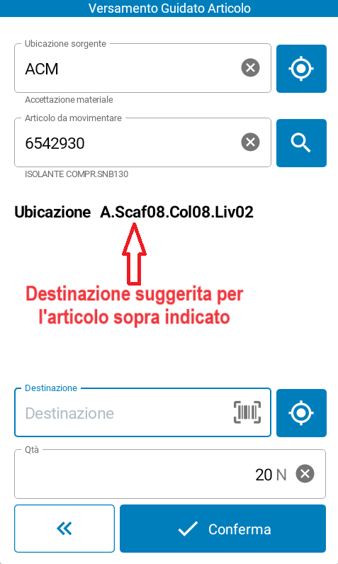 mappa di magazzino: schermata relativa al versamento nel software WMS